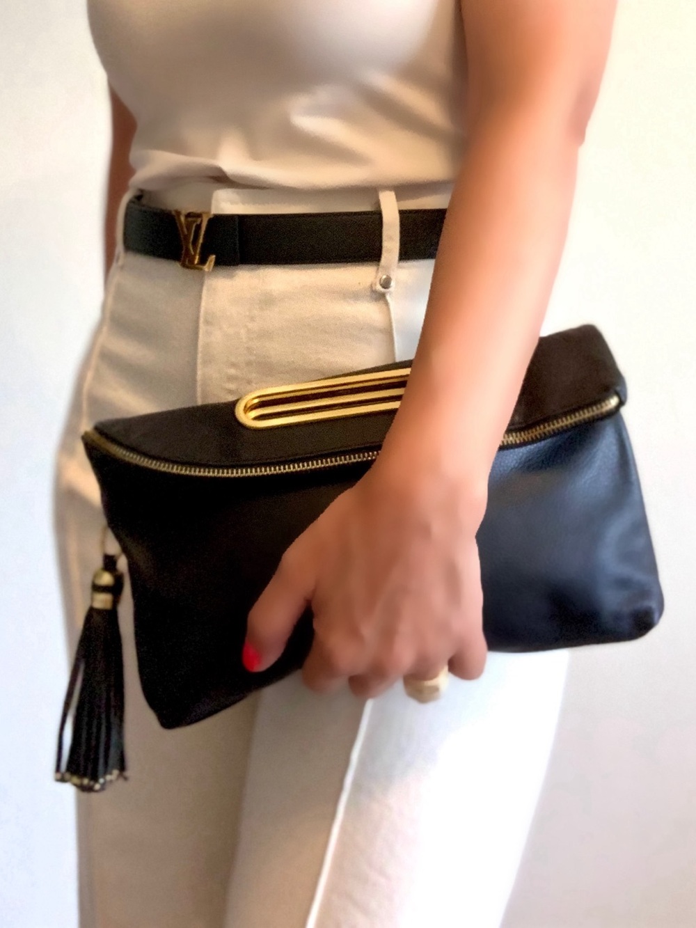 BCBGMaxAzria Black foldable Clutch ,tassel charm with Gold Details. - Picture 5 of 16